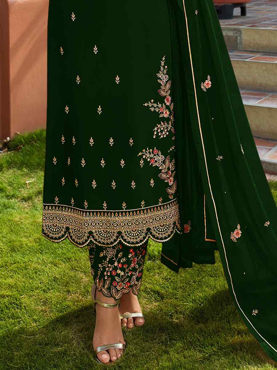 Green Satin Georgette Embroidered Festival Wedding Pant Bollywood Style Salwar Kameez