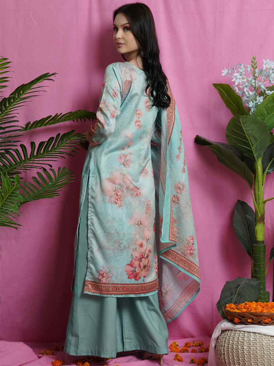 Green Satin Printed Festival Party Palazzo Pant Salwar Kameez