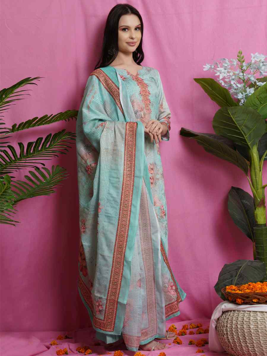 Green Satin Printed Festival Party Palazzo Pant Salwar Kameez