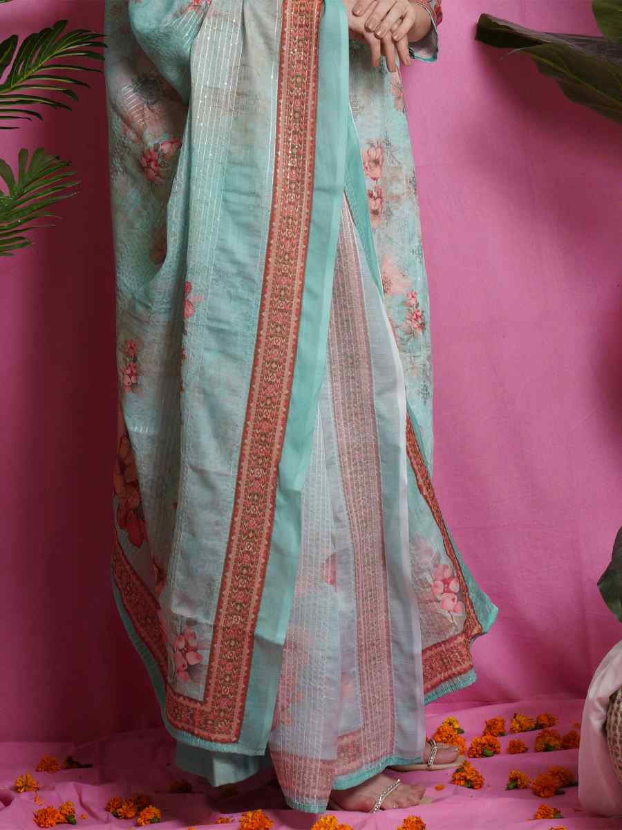 Green Satin Printed Festival Party Palazzo Pant Salwar Kameez