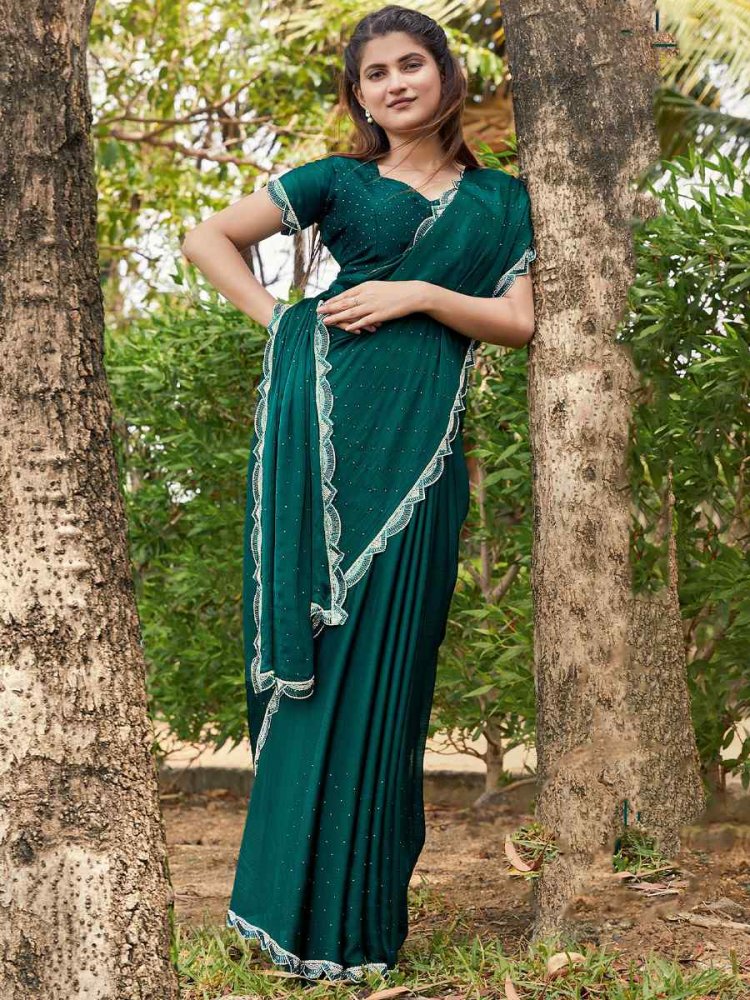 Green Satin Silk Chiffon Embroidered Reception Party Classic Style Saree