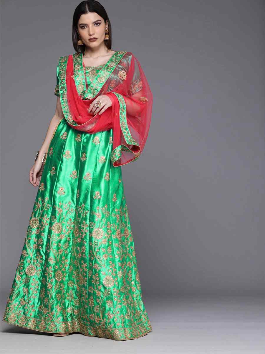 Green Satin Silk Embroidered Bridesmaid Heavy Border Lehenga Choli