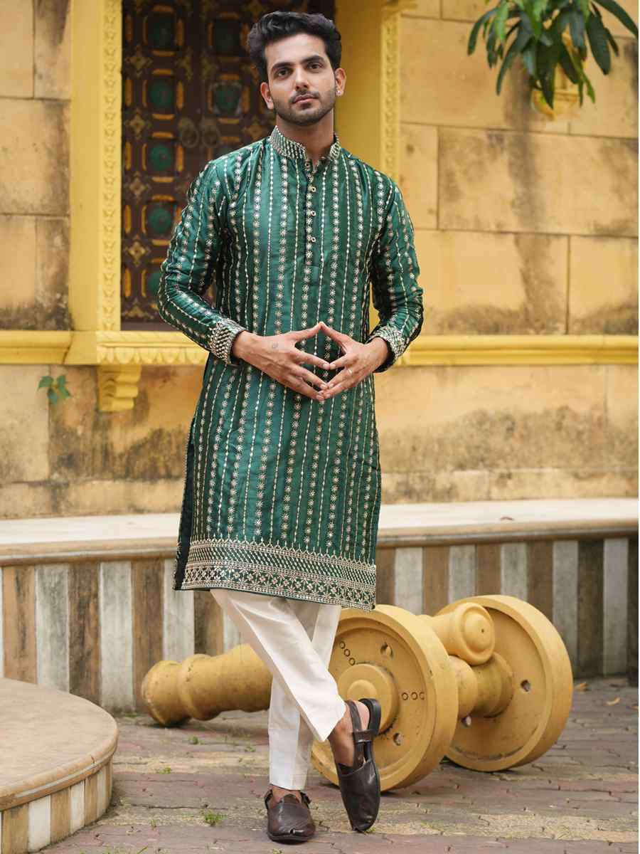 Green Satin Silk Embroidered Festival Kurta
