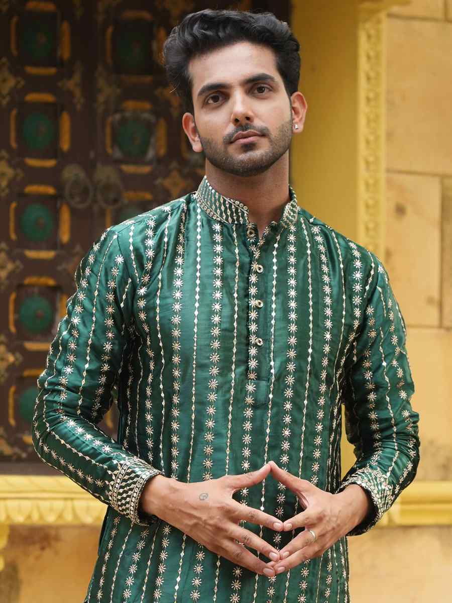 Green Satin Silk Embroidered Festival Kurta