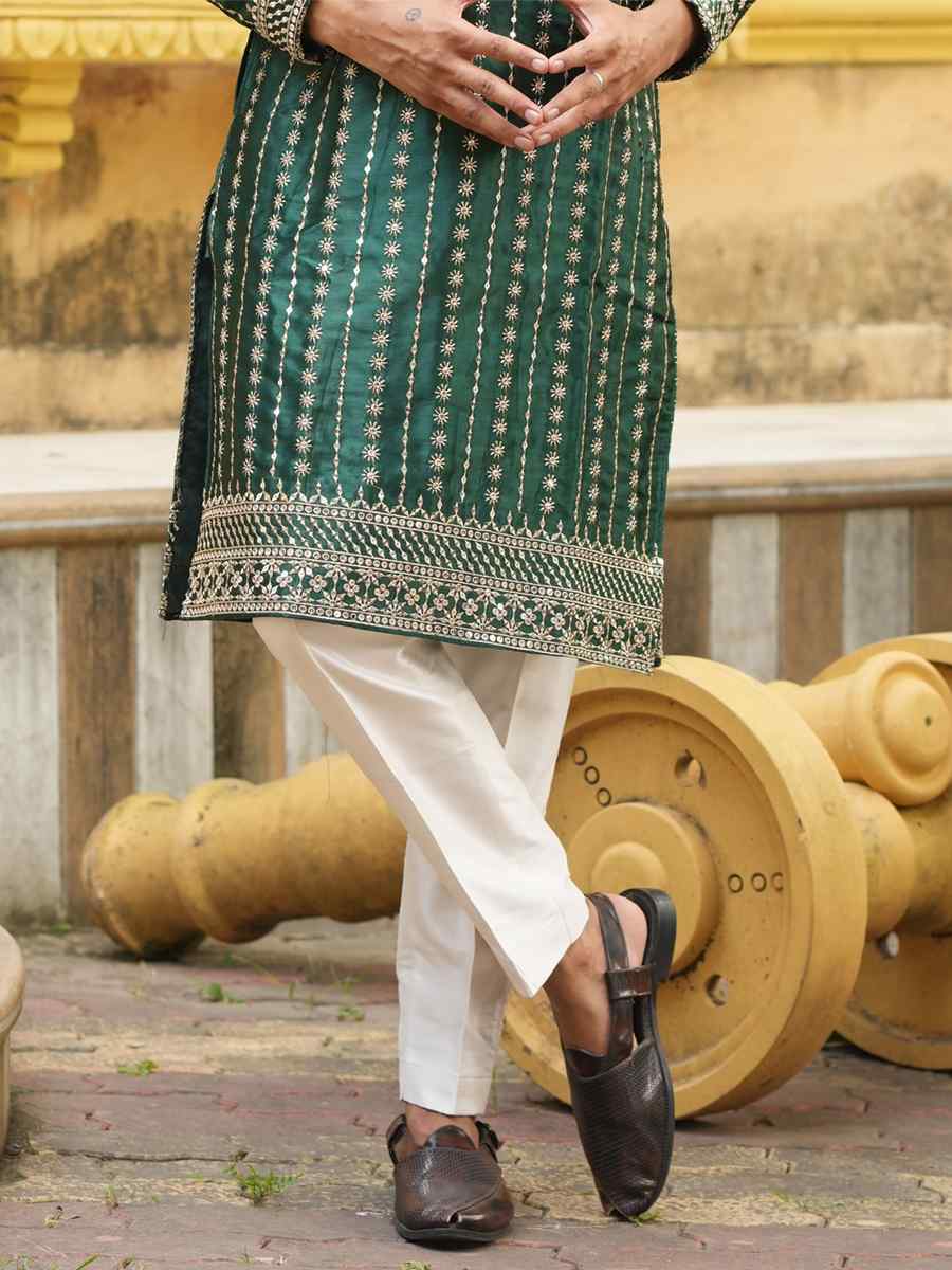 Green Satin Silk Embroidered Festival Kurta