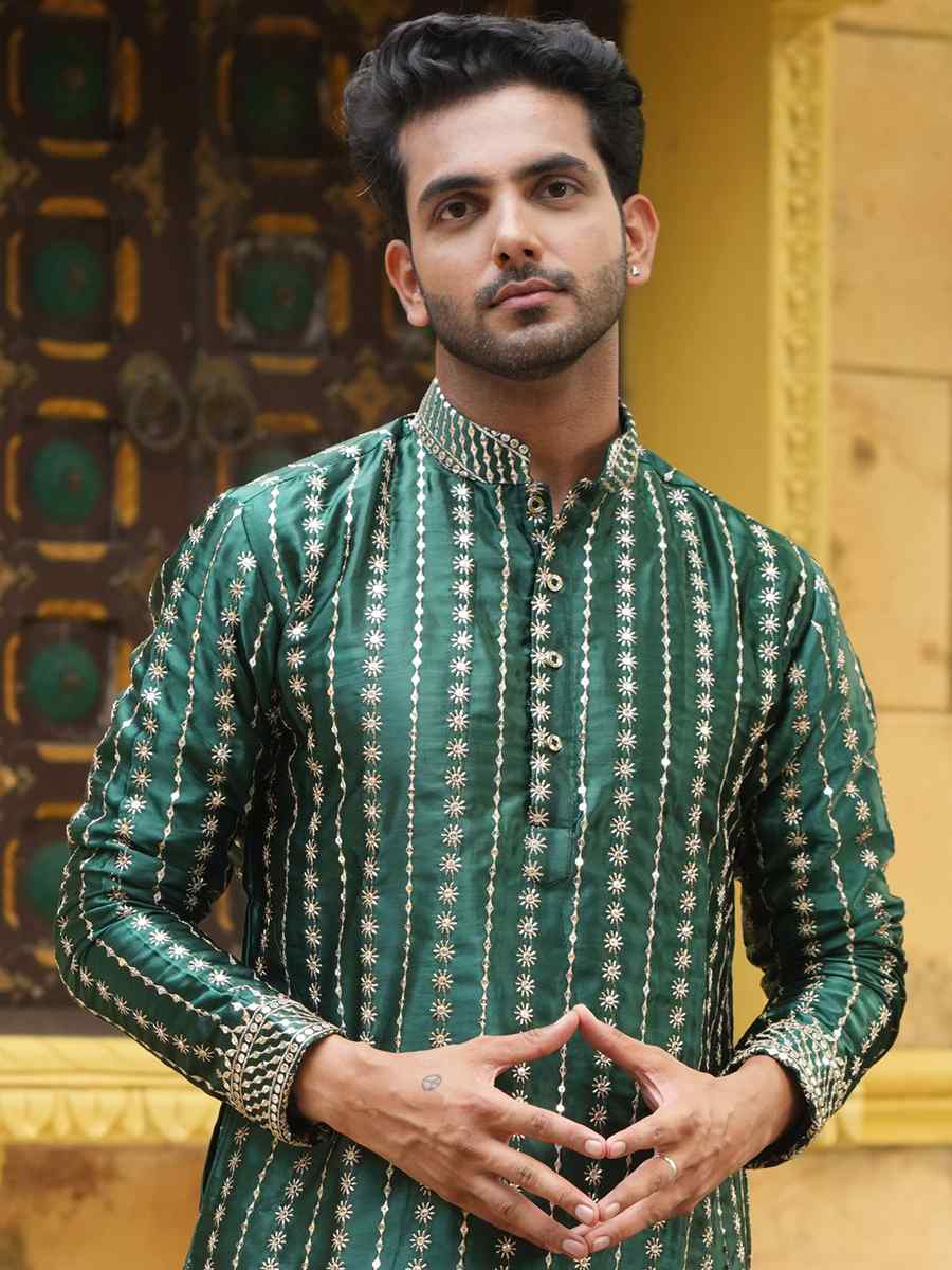 Green Satin Silk Embroidered Festival Kurta