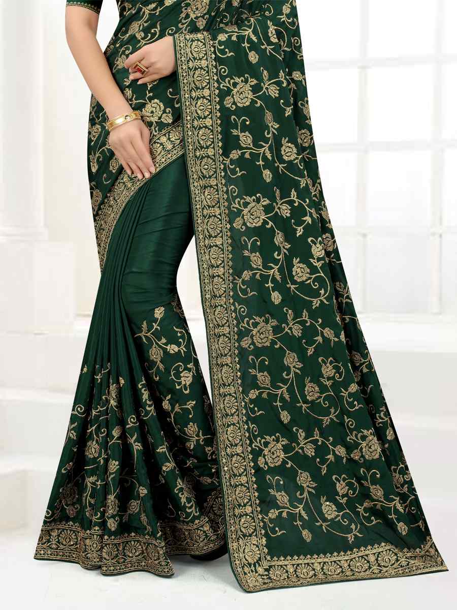 Green Satin Silk Embroidered Party Wedding Heavy Border Saree