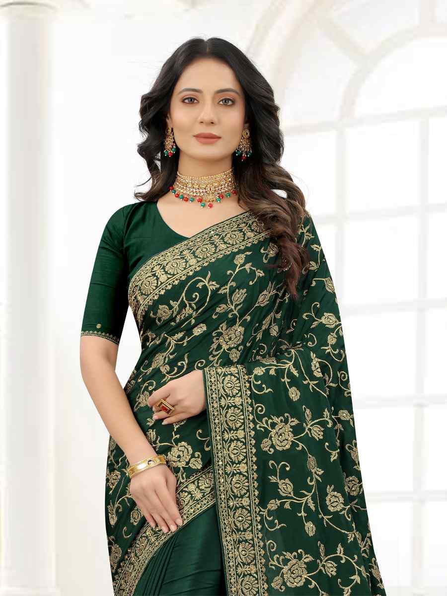 Green Satin Silk Embroidered Party Wedding Heavy Border Saree