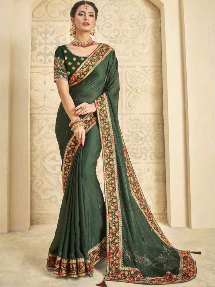 Green Satin Silk Embroidered Reception Party Heavy Border Saree