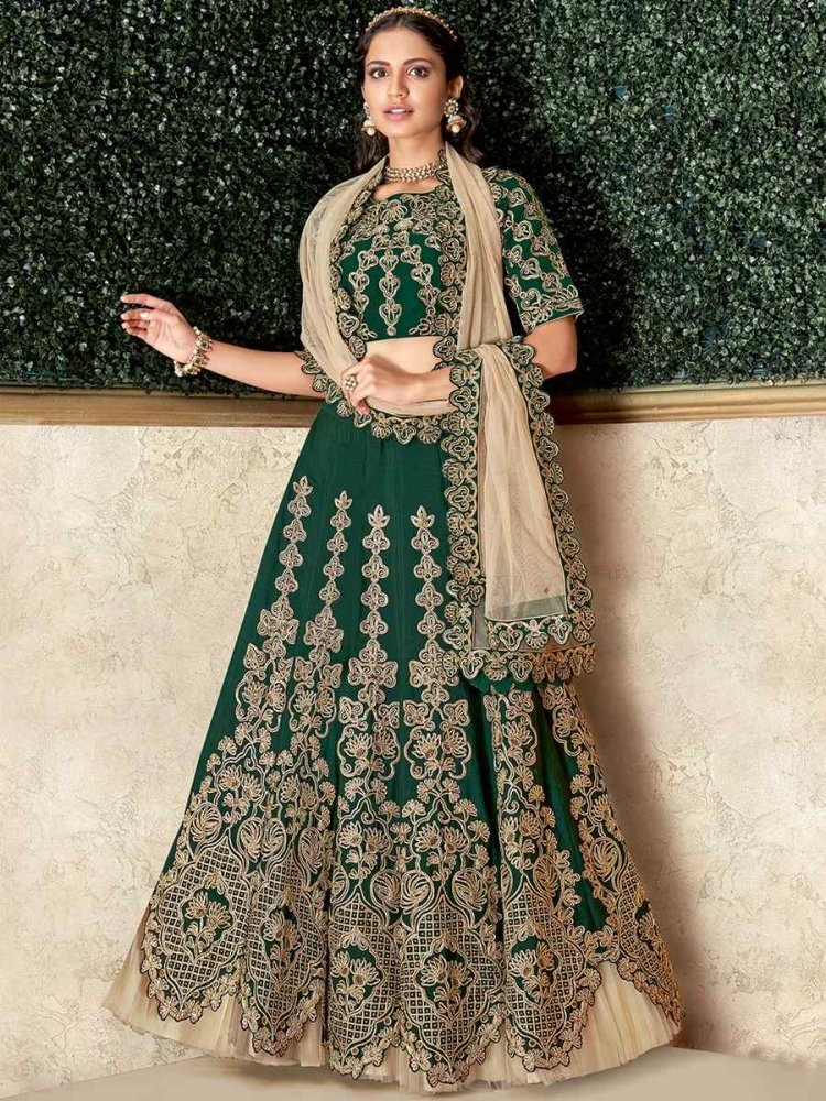Green Satin Silk Embroidered Reception Party Wear Heavy Border Lehenga Choli