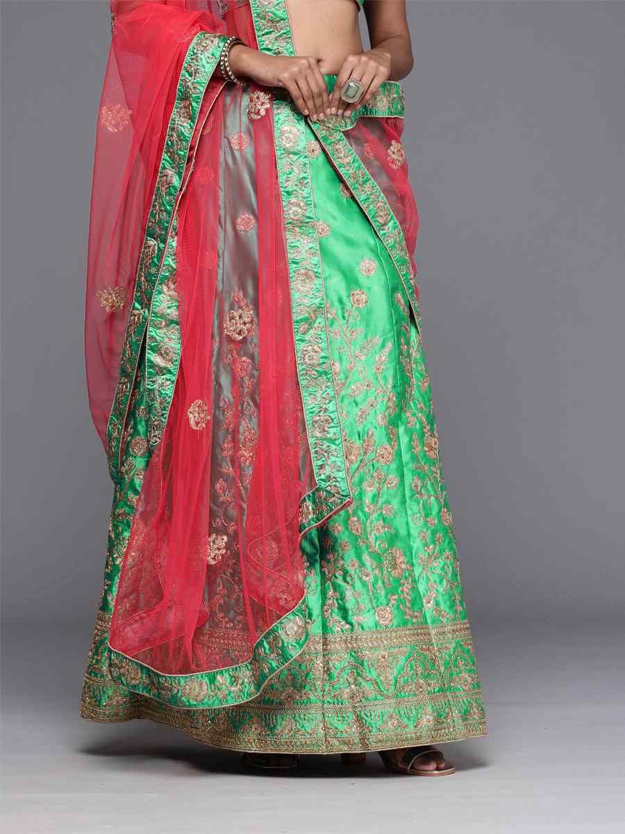 Green Satin Silk Embroidered Wedding Bridesmaid Heavy Border Lehenga Choli