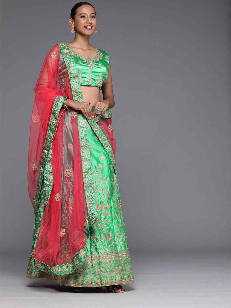Green Satin Silk Embroidered Wedding Bridesmaid Heavy Border Lehenga Choli