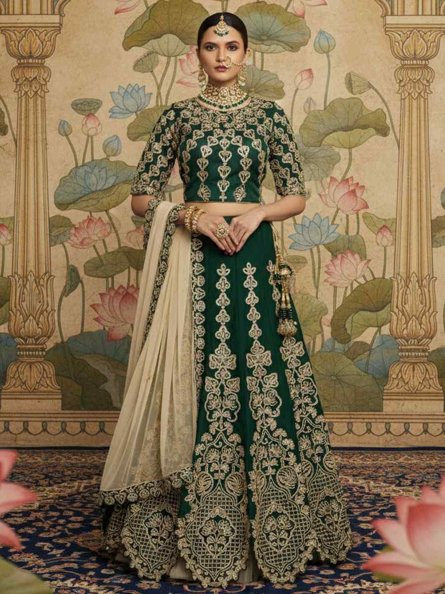 Green Satin Silk Embroidered Wedding Reception Festival Heavy Border Lehenga Choli