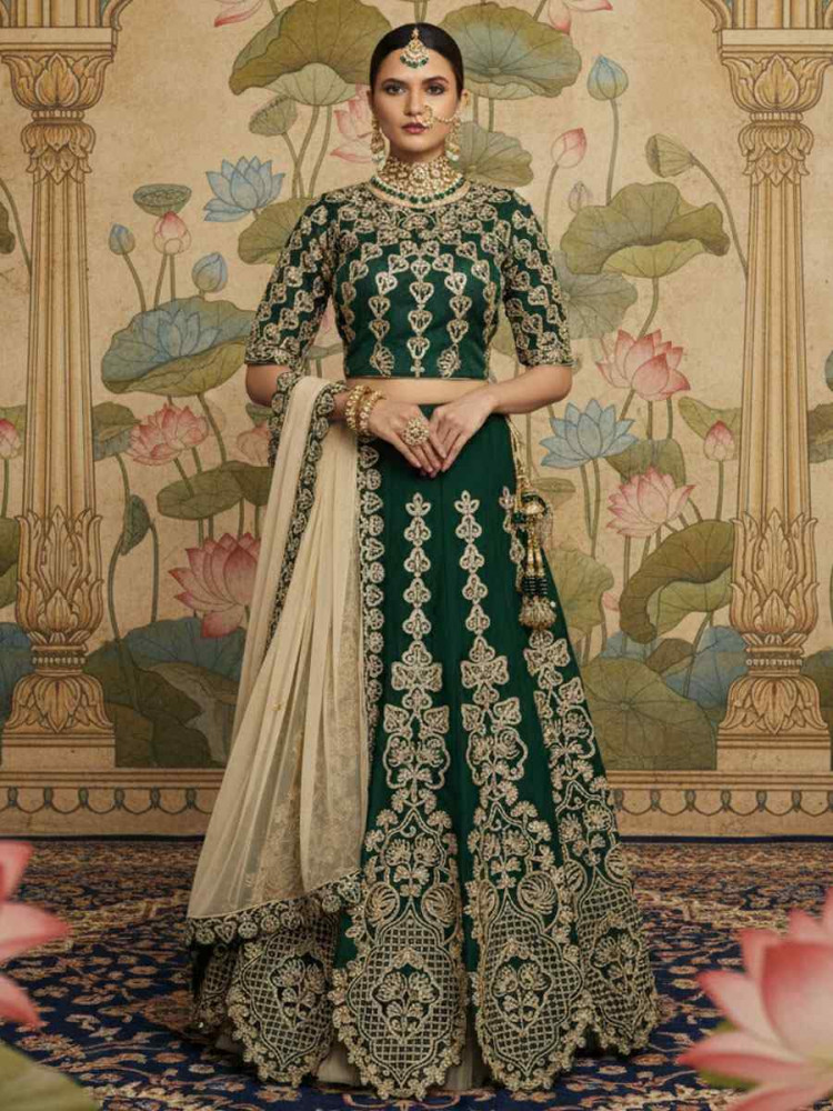 Image of Green Satin Silk Embroidered Wedding Reception Festival Heavy Border Lehenga Choli