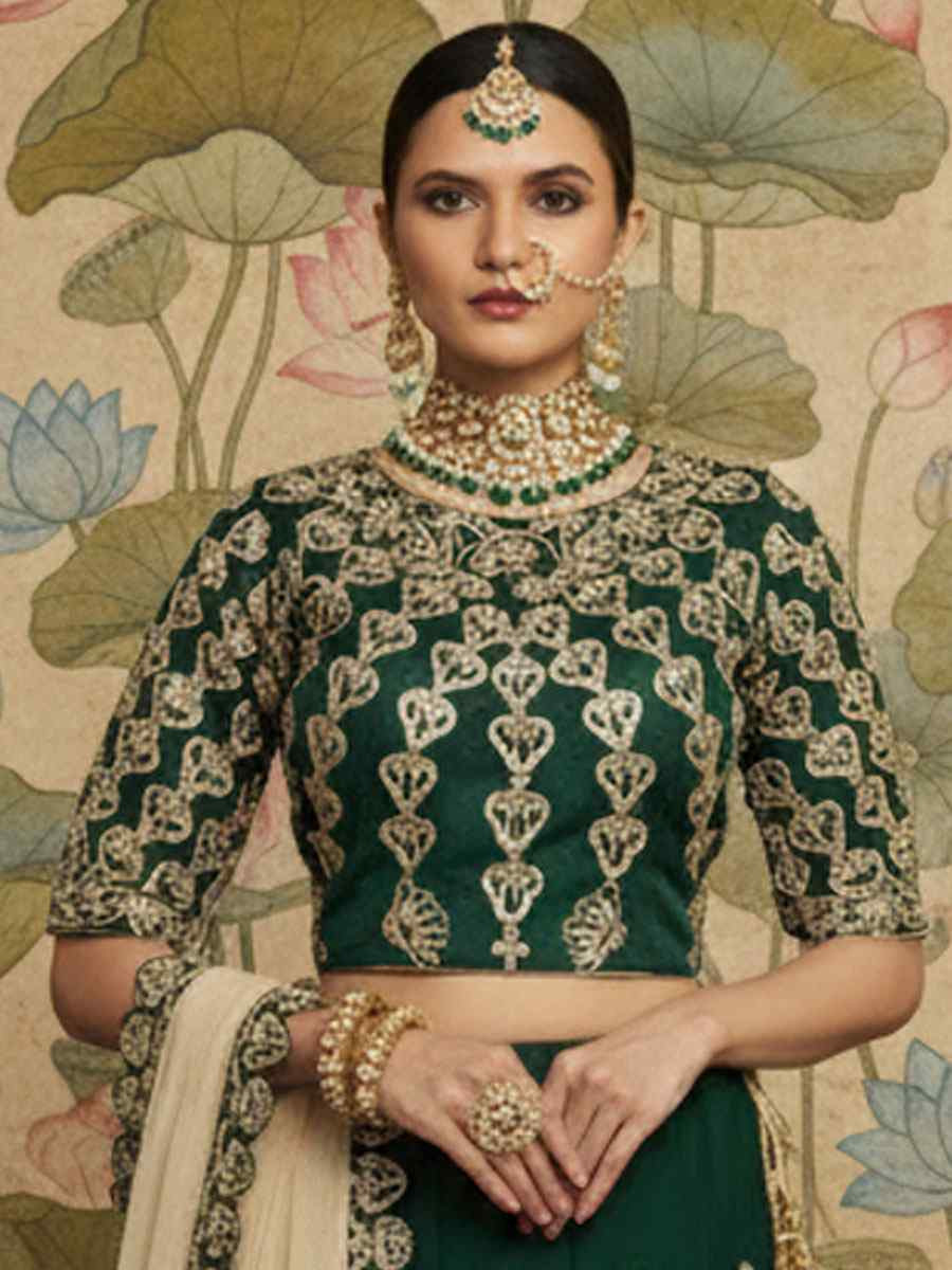 Green Satin Silk Embroidered Wedding Reception Festival Heavy Border Lehenga Choli