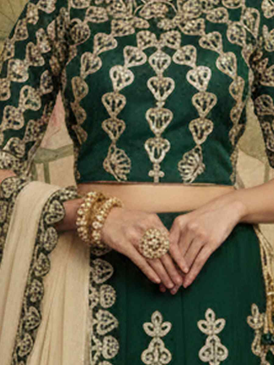 Green Satin Silk Embroidered Wedding Reception Festival Heavy Border Lehenga Choli