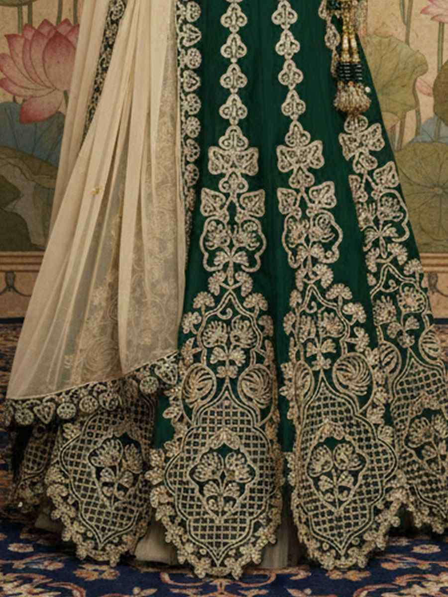 Green Satin Silk Embroidered Wedding Reception Festival Heavy Border Lehenga Choli