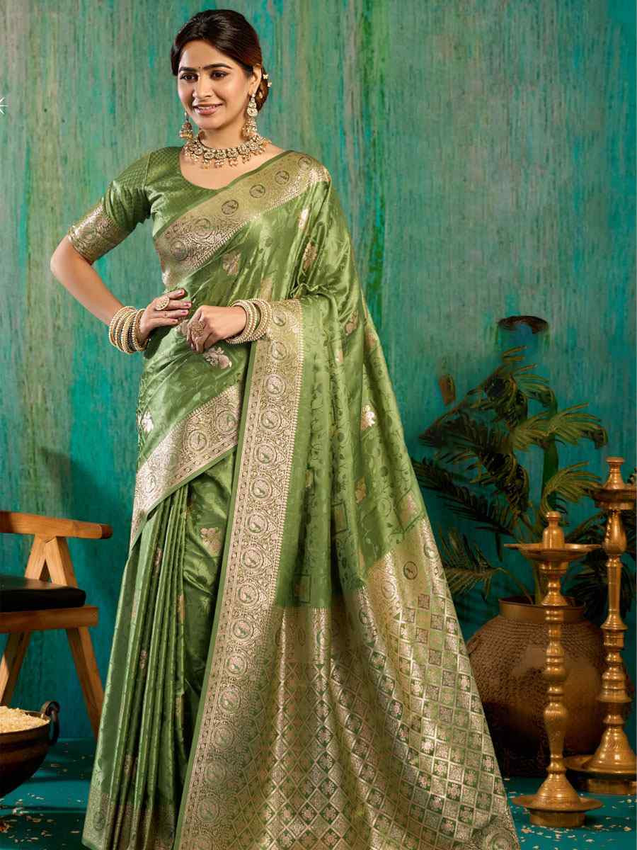Green Satin Silk Handwoven Casual Reception Festival Wedding Fancy Classic Style Sarees
