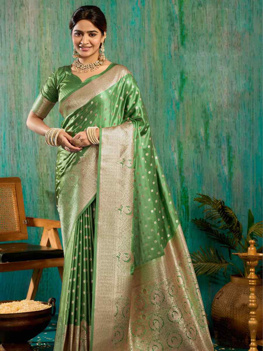 Green Satin Silk Handwoven Casual Reception Festival Wedding Fancy Classic Style Sarees