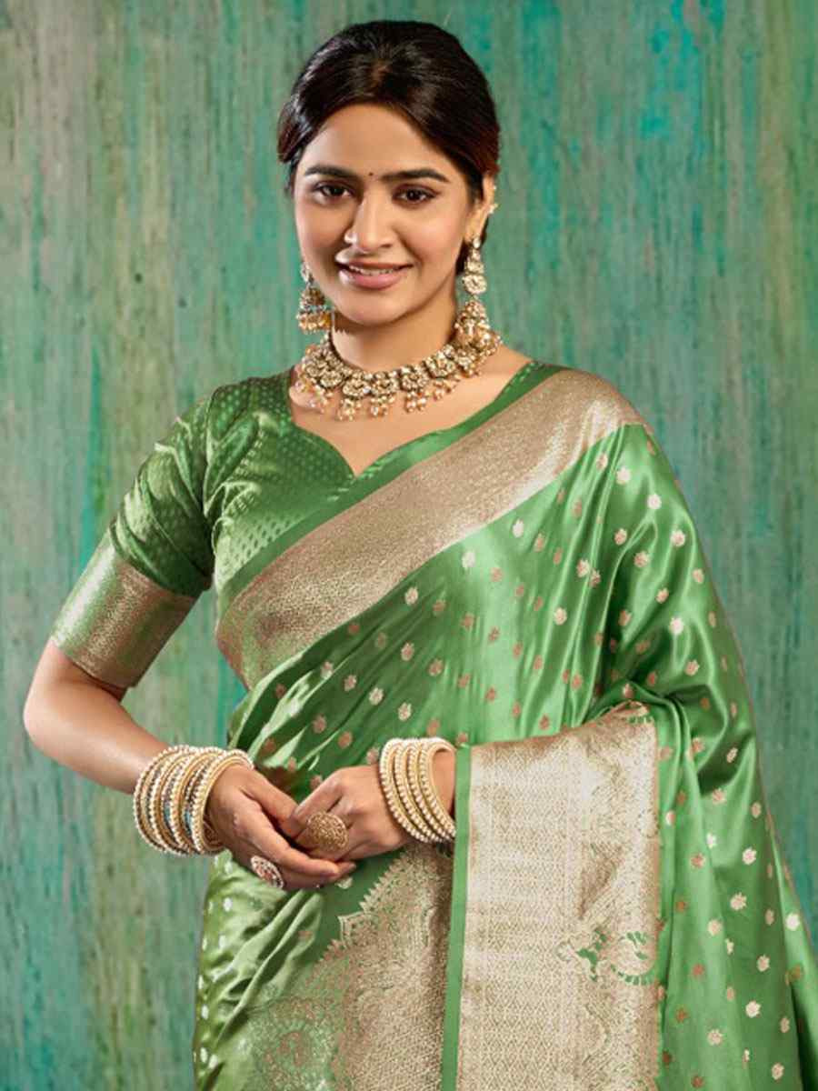Green Satin Silk Handwoven Casual Reception Festival Wedding Fancy Classic Style Sarees