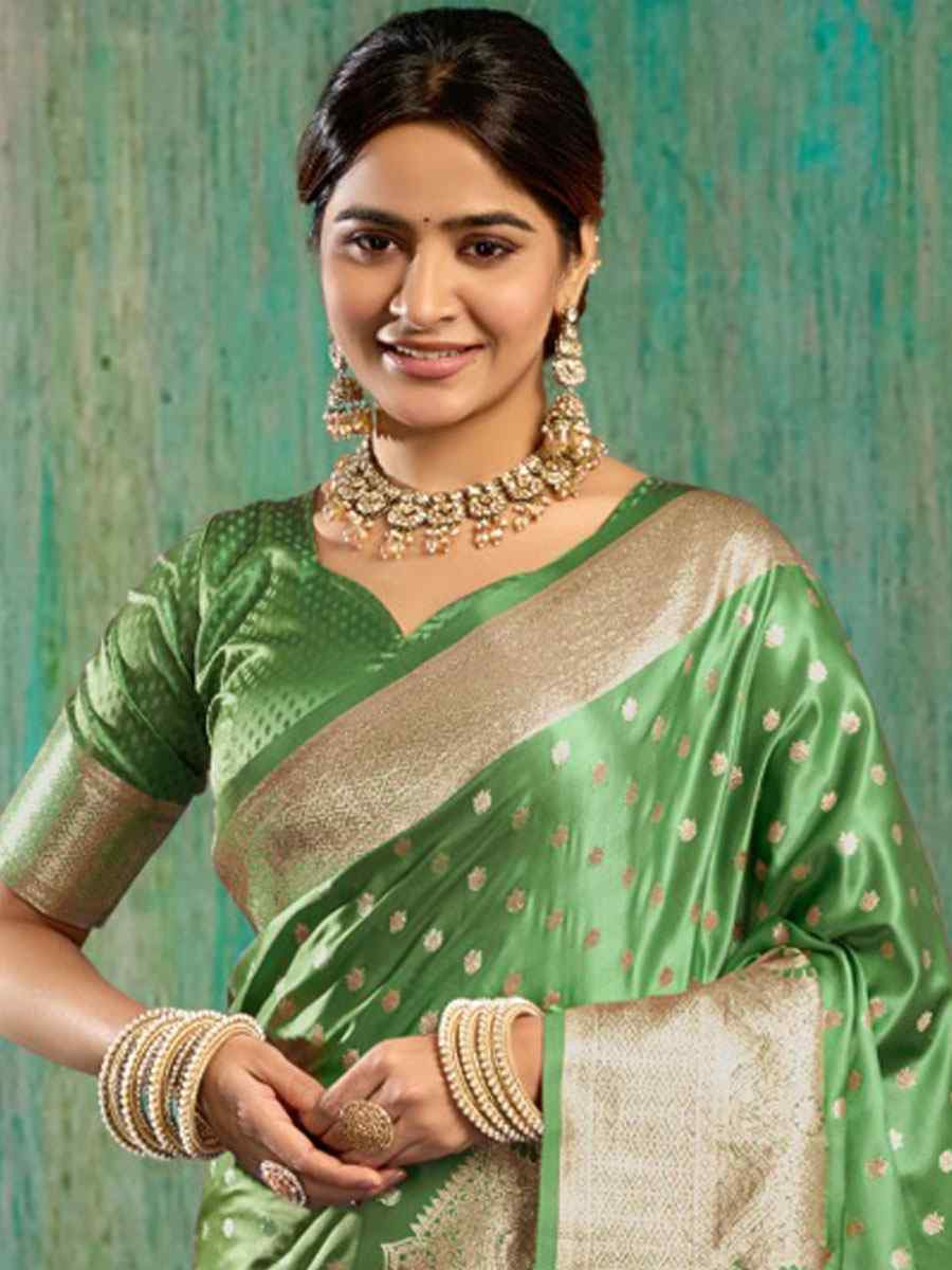 Green Satin Silk Handwoven Casual Reception Festival Wedding Fancy Classic Style Sarees
