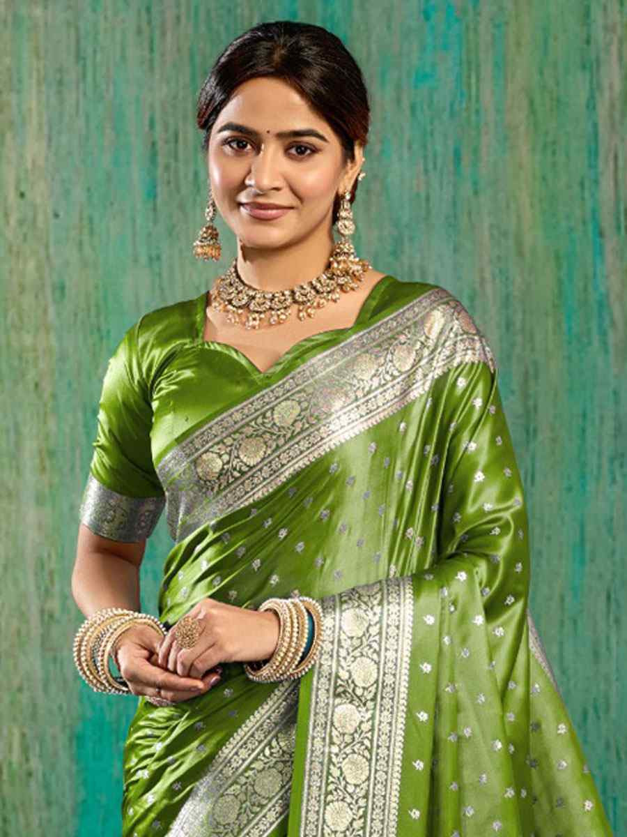 Green Satin Silk Handwoven Casual Reception Festival Wedding Fancy Classic Style Sarees