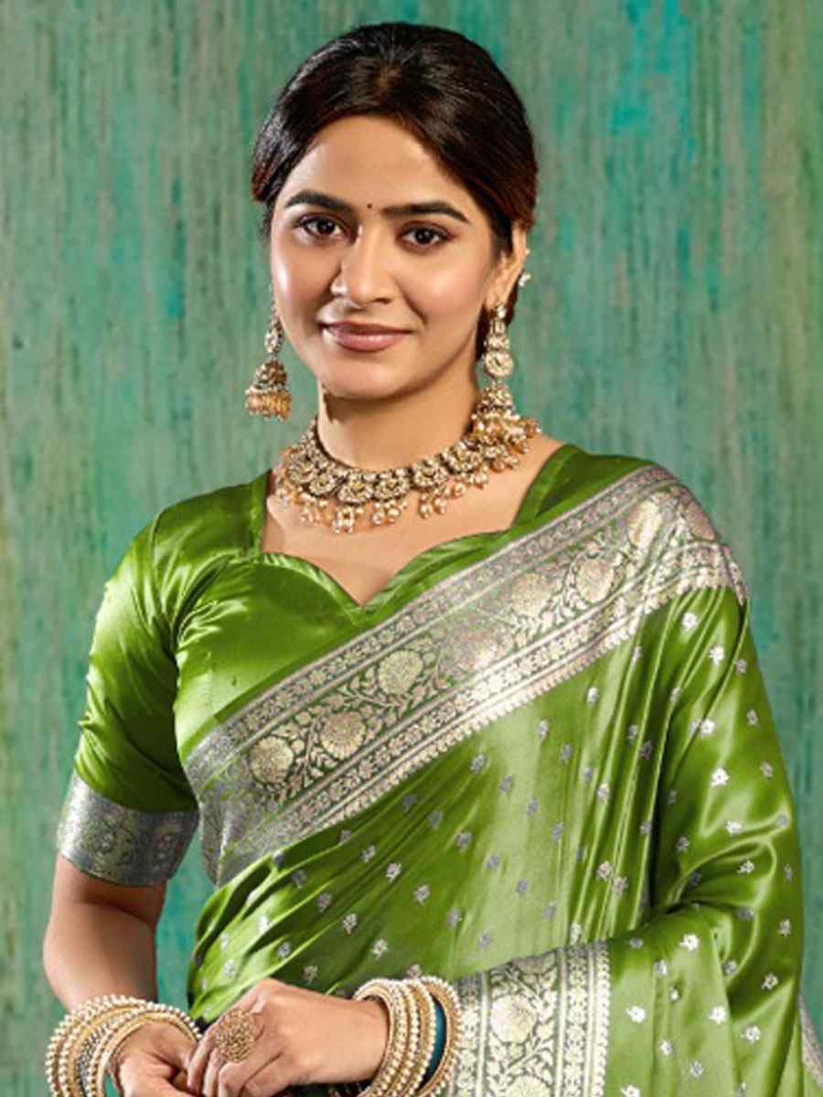 Green Satin Silk Handwoven Casual Reception Festival Wedding Fancy Classic Style Sarees