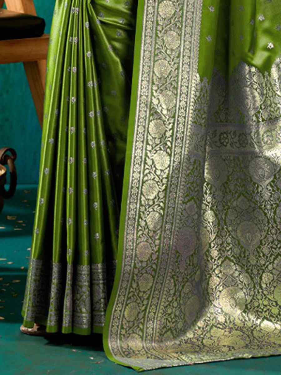 Green Satin Silk Handwoven Casual Reception Festival Wedding Fancy Classic Style Sarees