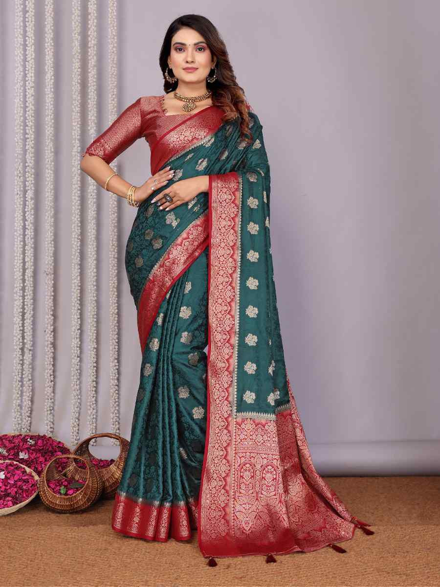 Green Satin Silk Handwoven Festival Wedding Fancy Heavy Border Saree