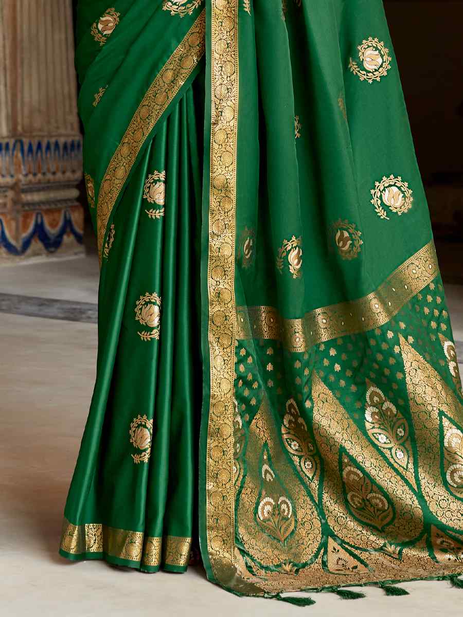 Green Satin Silk Handwoven Wedding Festival Heavy Border Saree