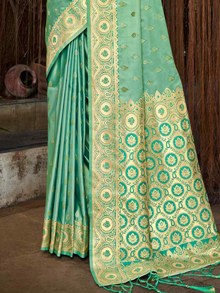 Green Satin Silk Handwoven Wedding Festival Heavy Border Saree