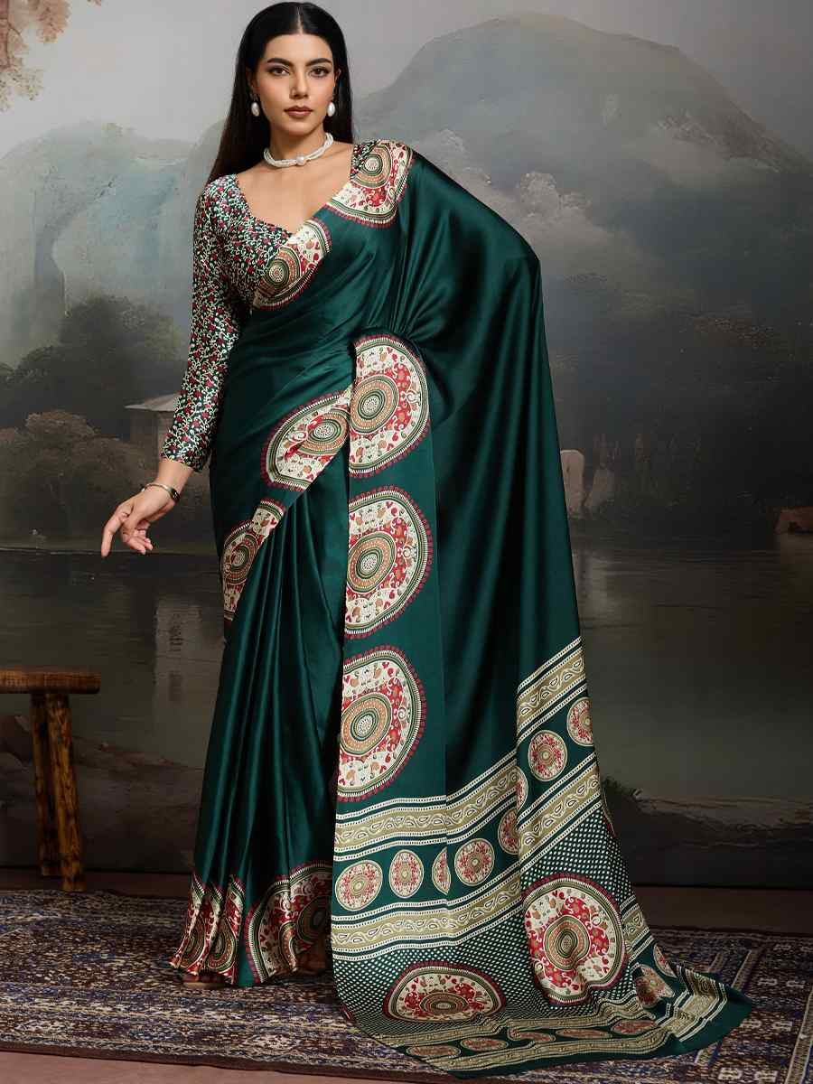Green Satin Silk Printed Traditional Casual Reception Festival Wedding Fancy Heavy Border Saree