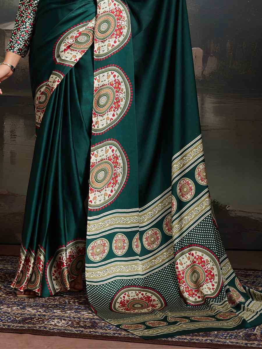 Green Satin Silk Printed Traditional Casual Reception Festival Wedding Fancy Heavy Border Saree