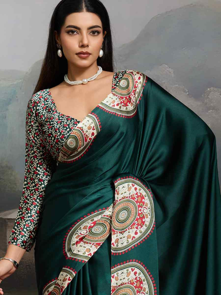 Green Satin Silk Printed Traditional Casual Reception Festival Wedding Fancy Heavy Border Saree