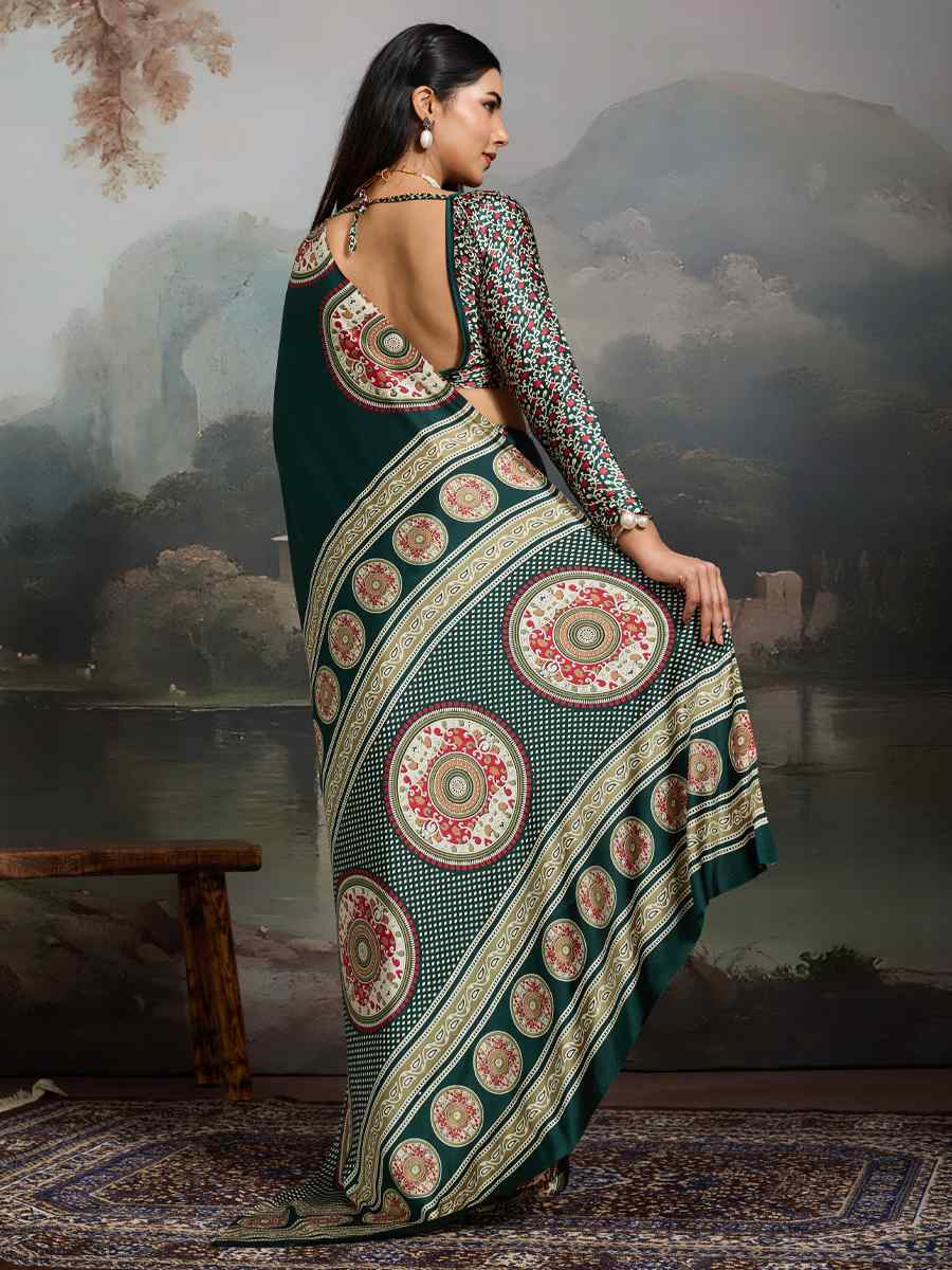 Green Satin Silk Printed Traditional Casual Reception Festival Wedding Fancy Heavy Border Saree