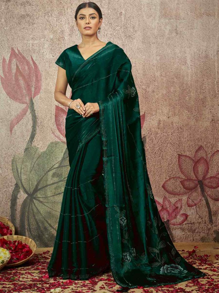 Green Satin Silk Sequins Wedding Festival Classic Style Saree