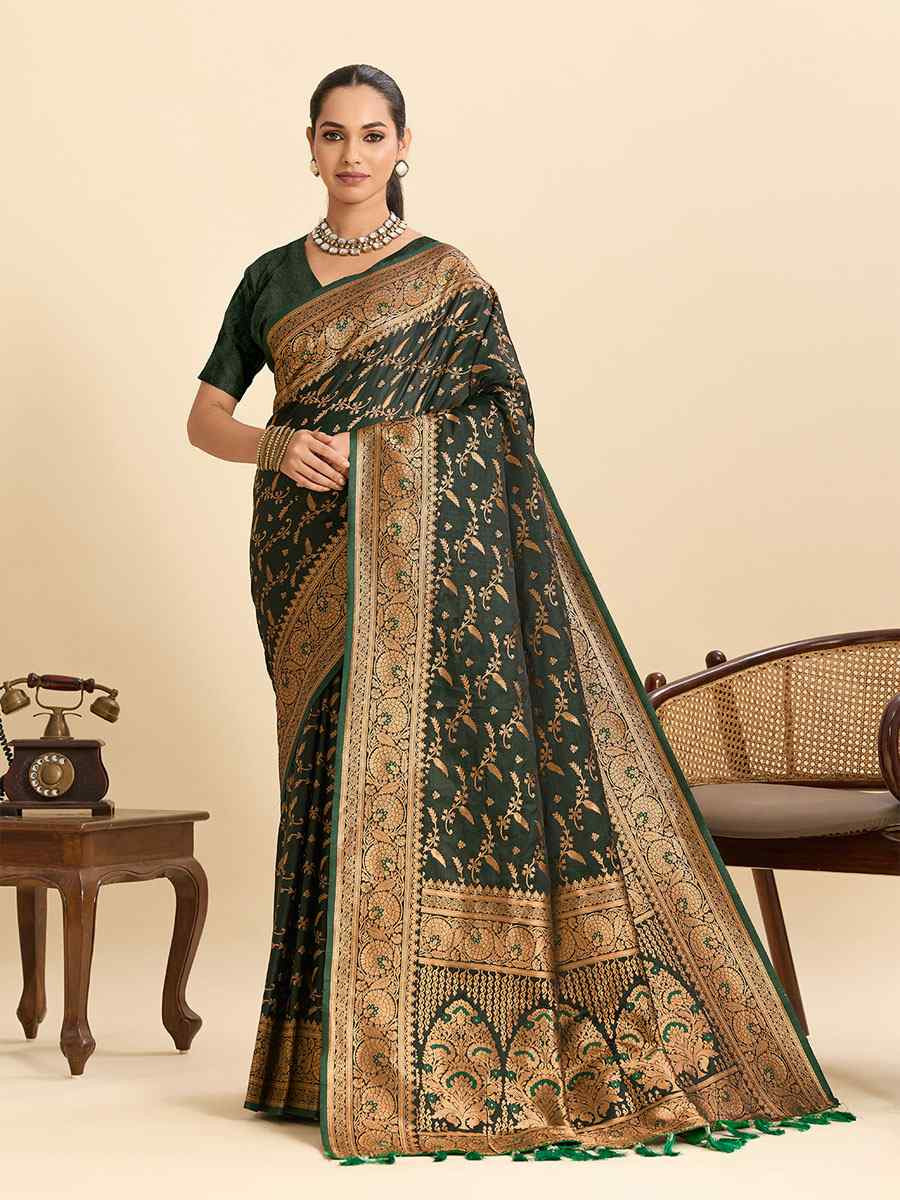 Green Satin Silk Zari Handwoven Bridal Reception Festival Wedding Fancy Heavy Border Saree
