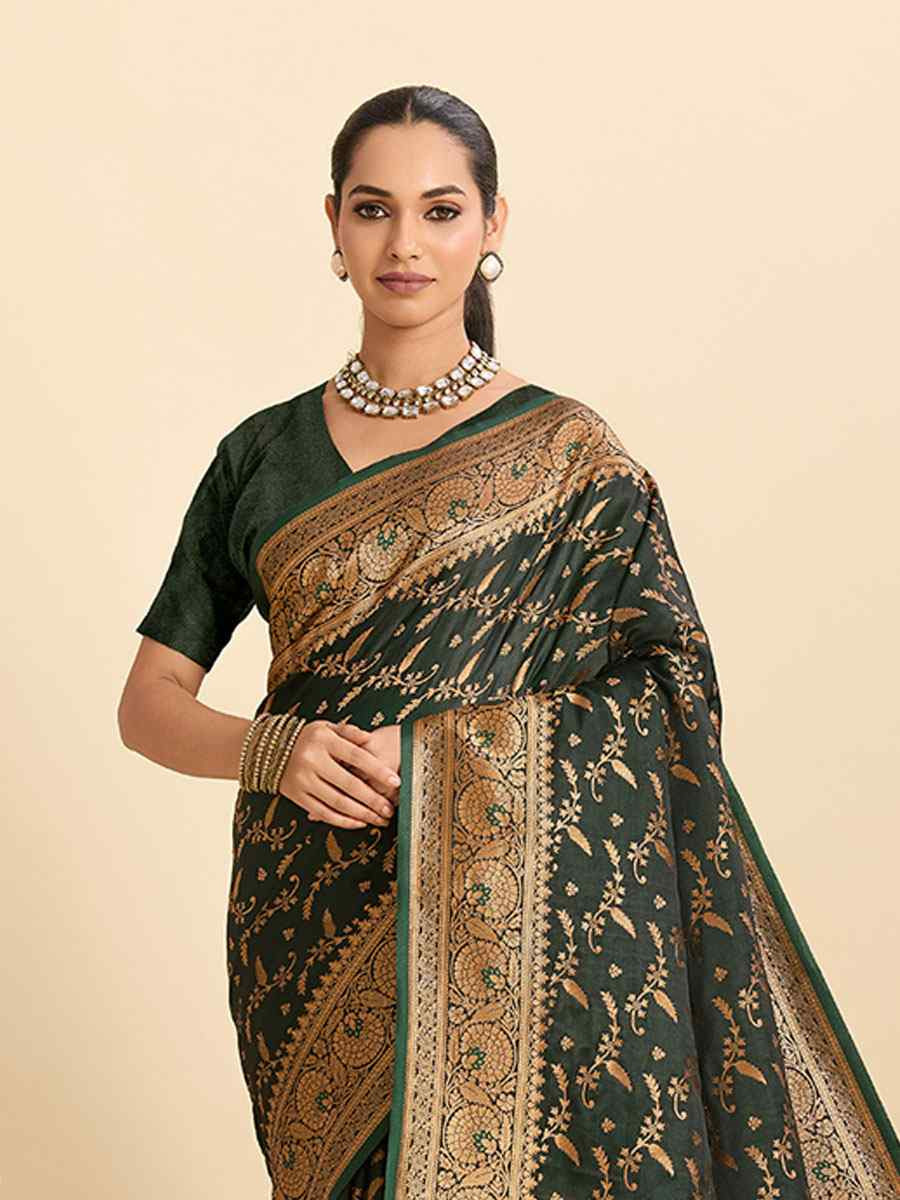 Green Satin Silk Zari Handwoven Bridal Reception Festival Wedding Fancy Heavy Border Saree