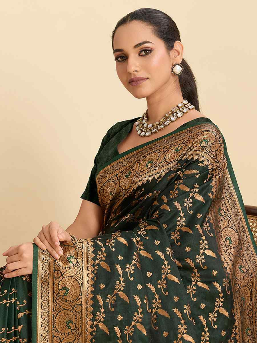 Green Satin Silk Zari Handwoven Bridal Reception Festival Wedding Fancy Heavy Border Saree