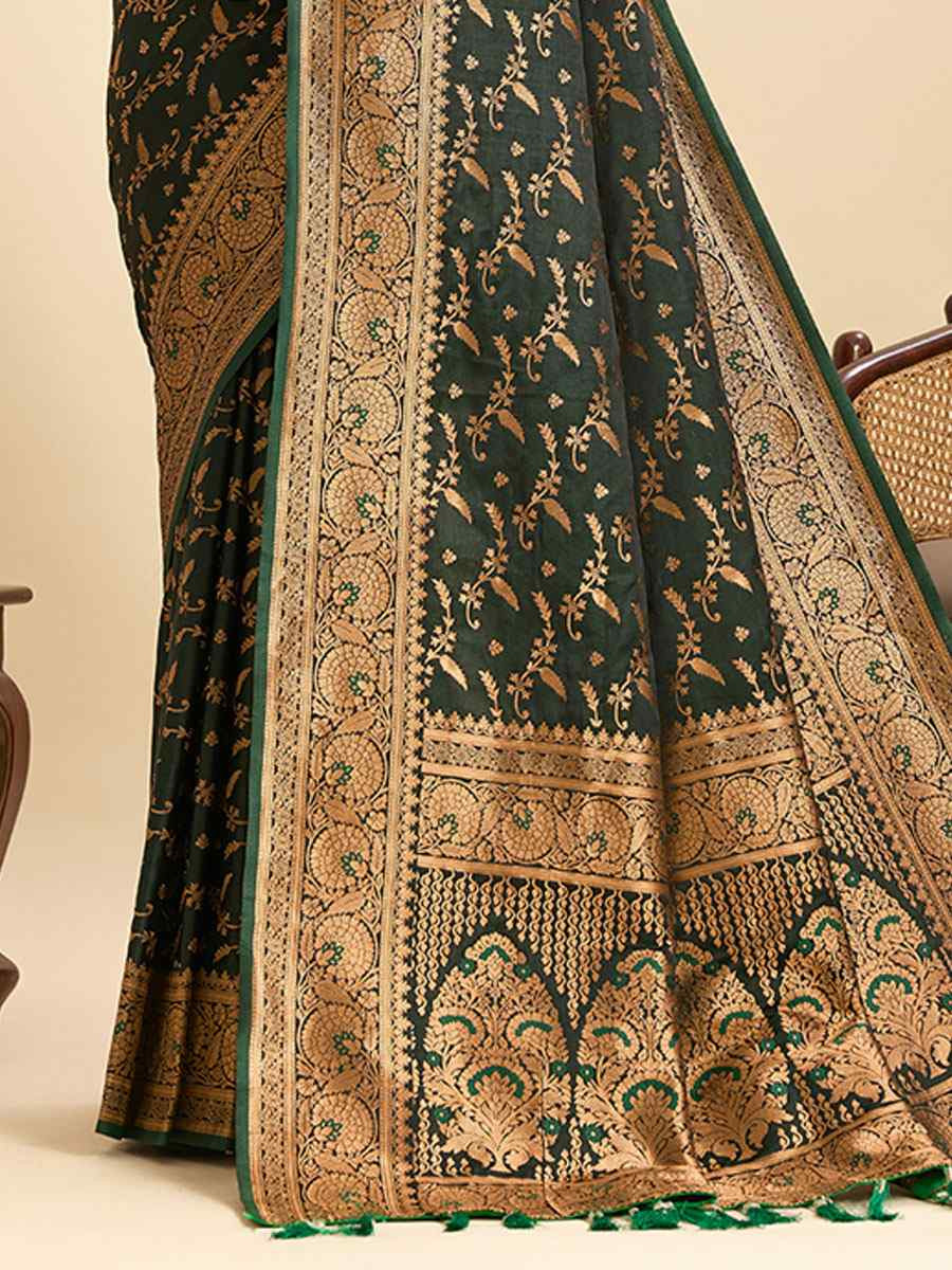 Green Satin Silk Zari Handwoven Bridal Reception Festival Wedding Fancy Heavy Border Saree