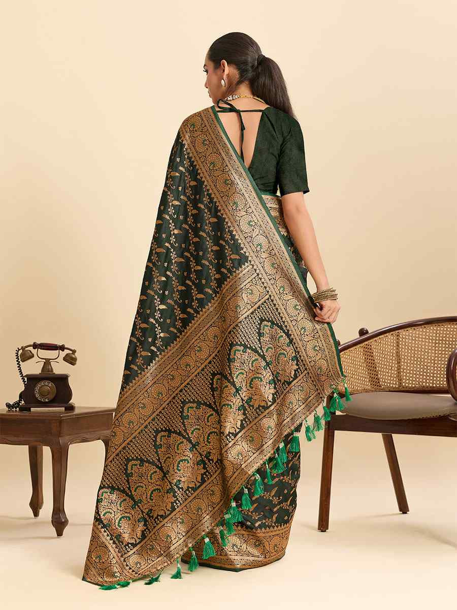 Green Satin Silk Zari Handwoven Bridal Reception Festival Wedding Fancy Heavy Border Saree