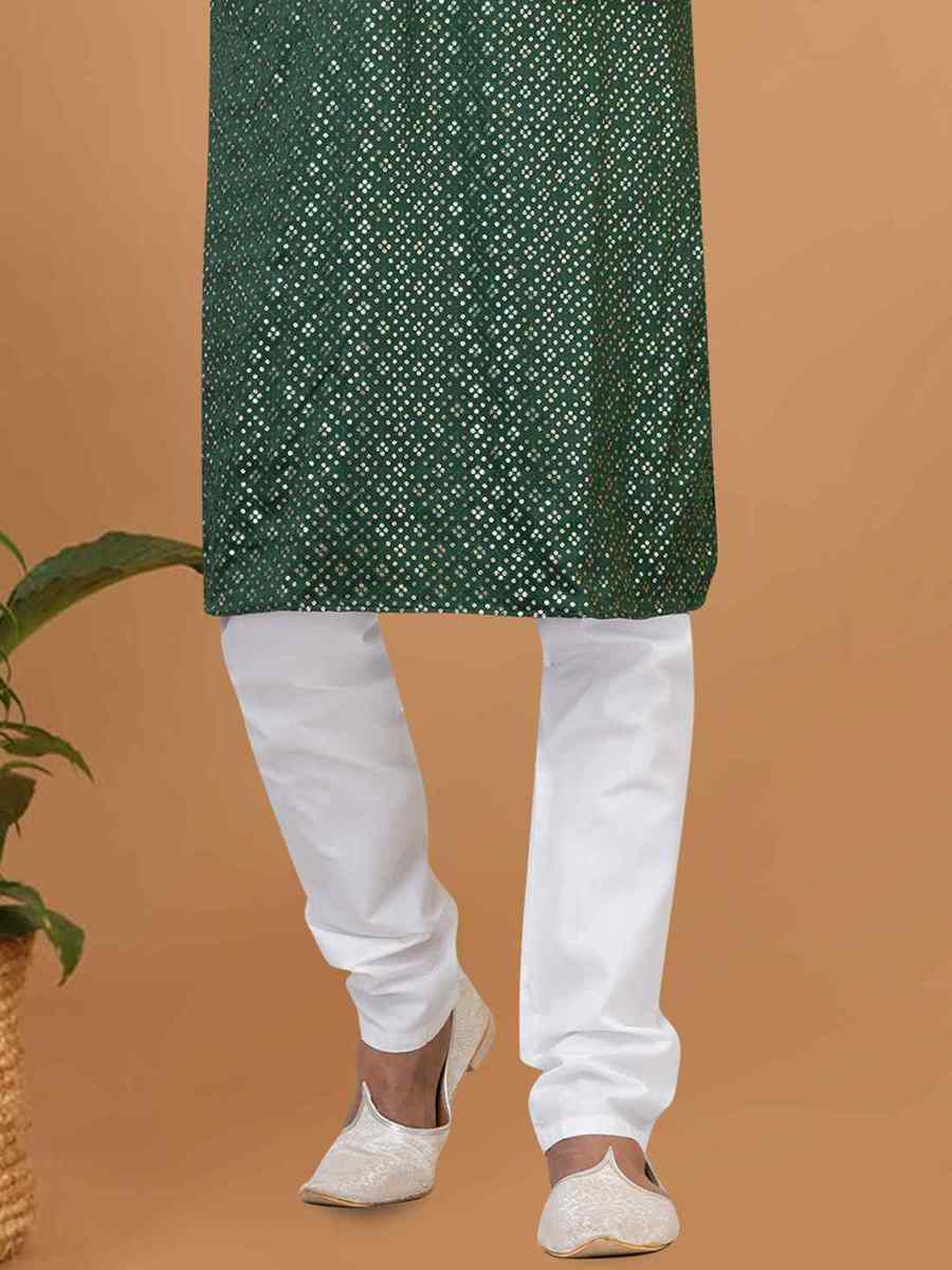 Green Semi Gaji Silk Embroidered Festival Wedding Kurta