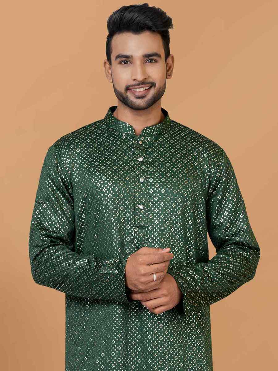 Green Semi Gaji Silk Embroidered Festival Wedding Kurta