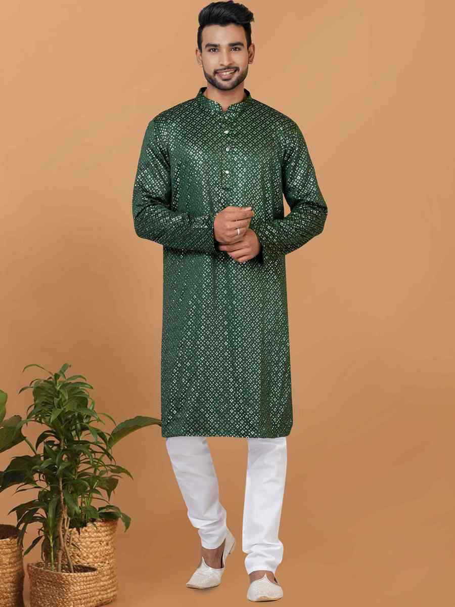 Green Semi Gaji Silk Embroidered Festival Wedding Kurta