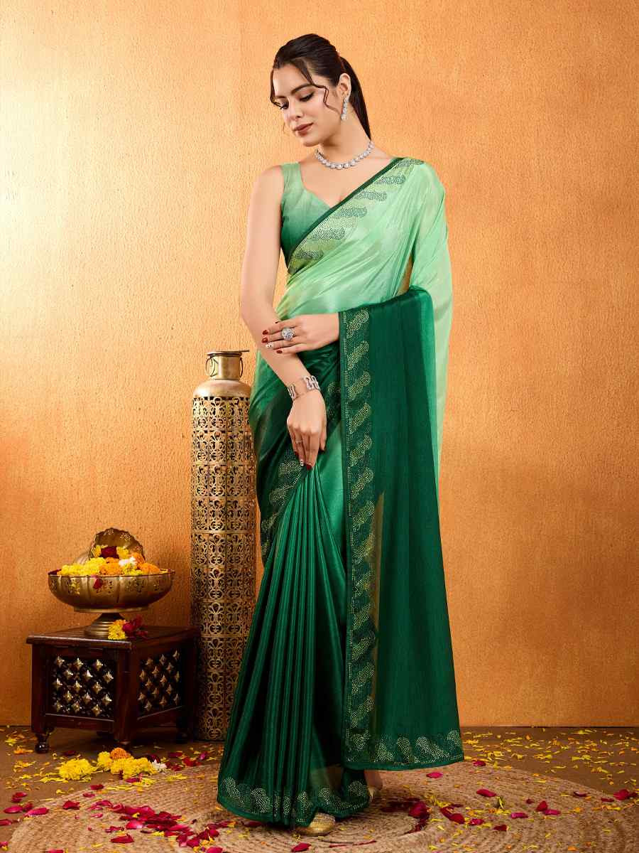 Green Shaded Chinon Printed Festival Casual Heavy Border Saree