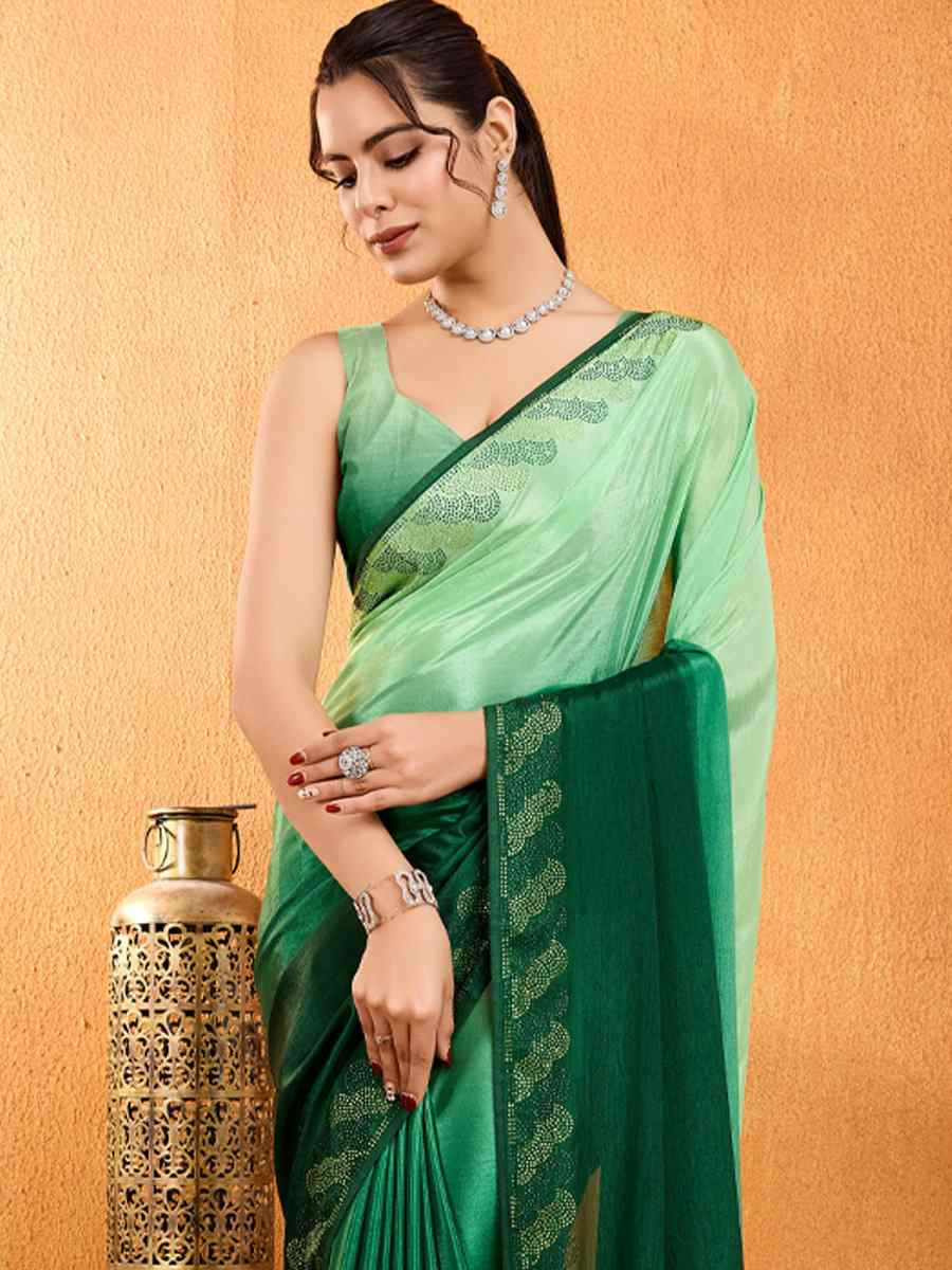 Green Shaded Chinon Printed Festival Casual Heavy Border Saree