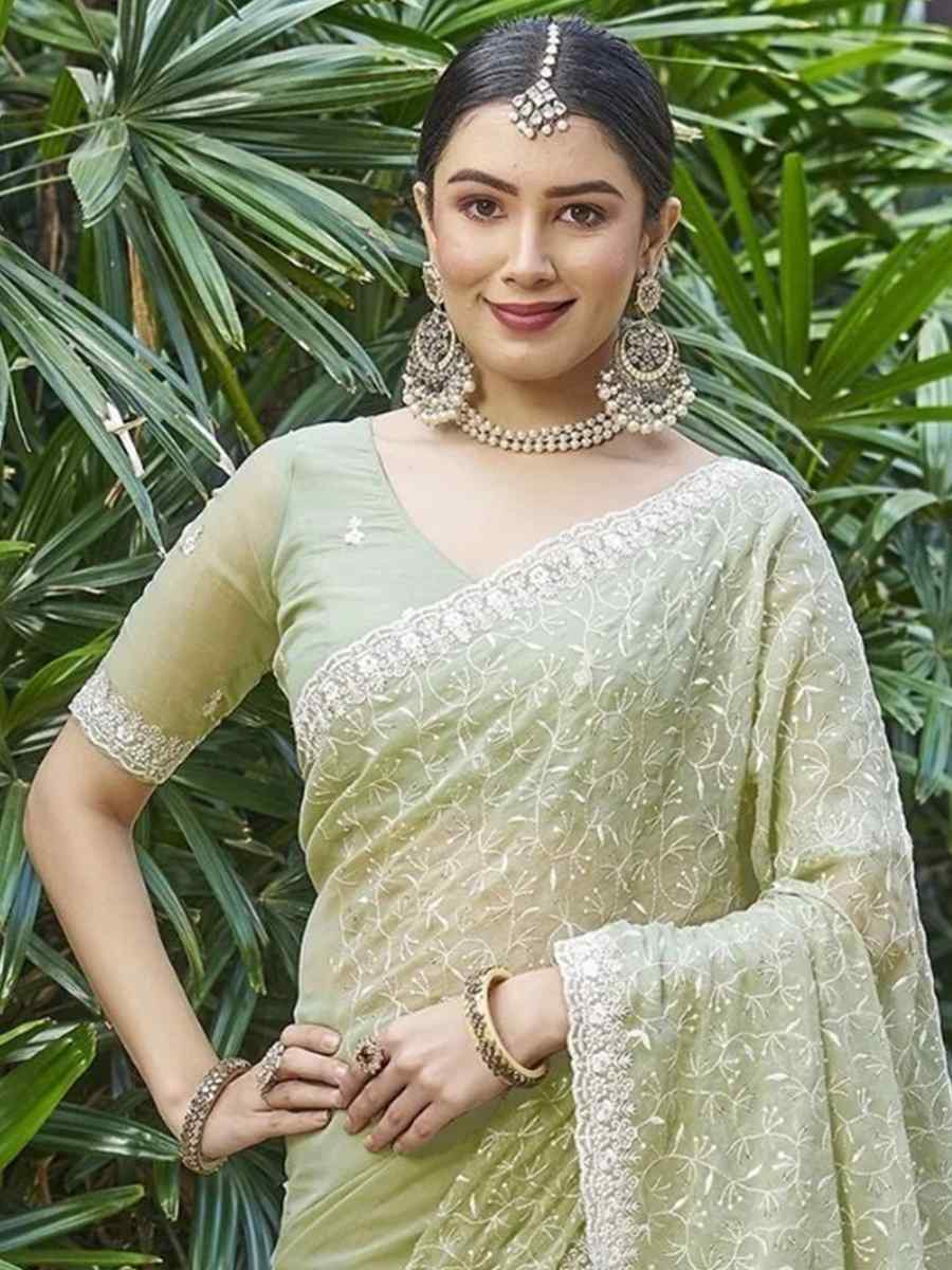 Green Shimmer Embroidered Festival Wedding Classic Style Saree