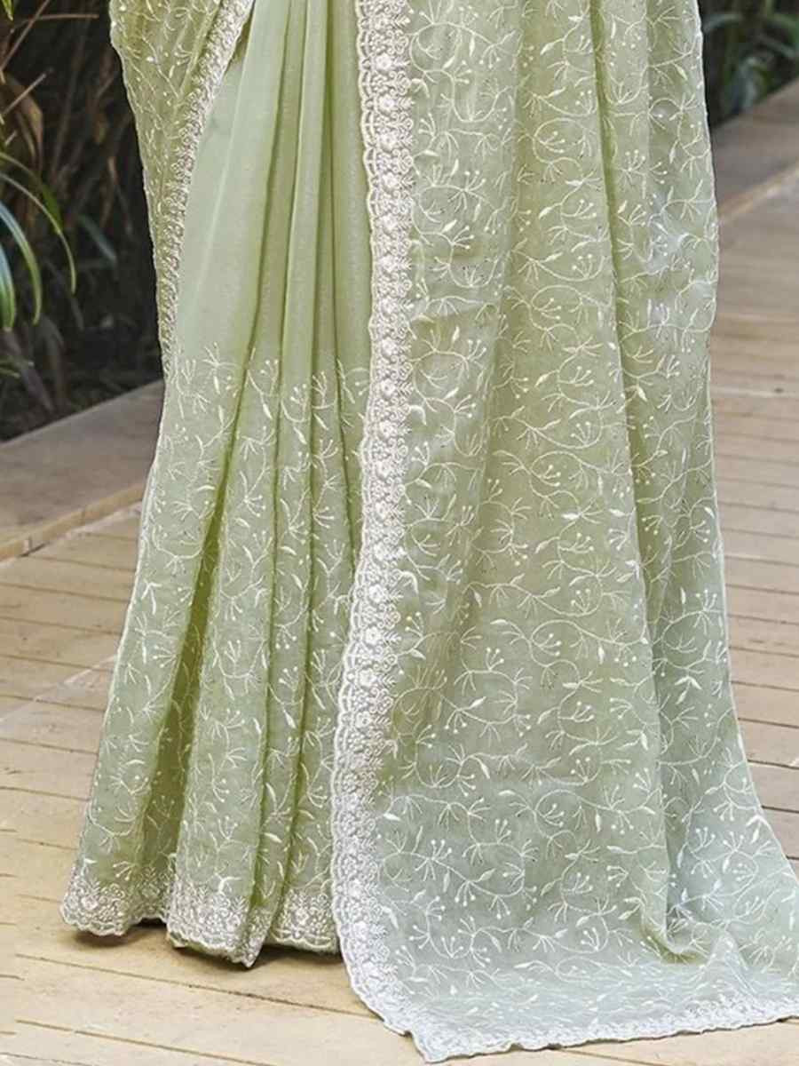 Green Shimmer Embroidered Festival Wedding Classic Style Saree