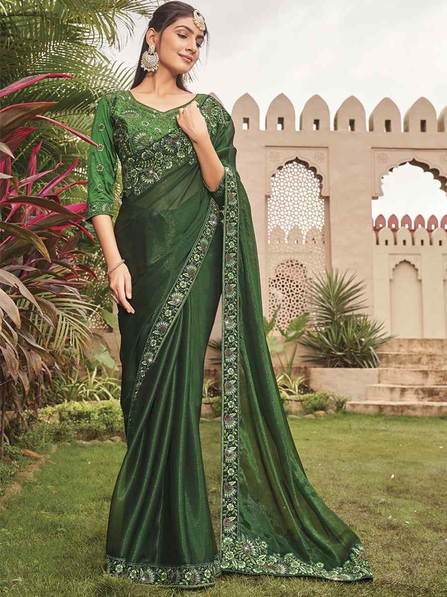 Green Shimmer Embroidery Party Reception Classic Style Saree