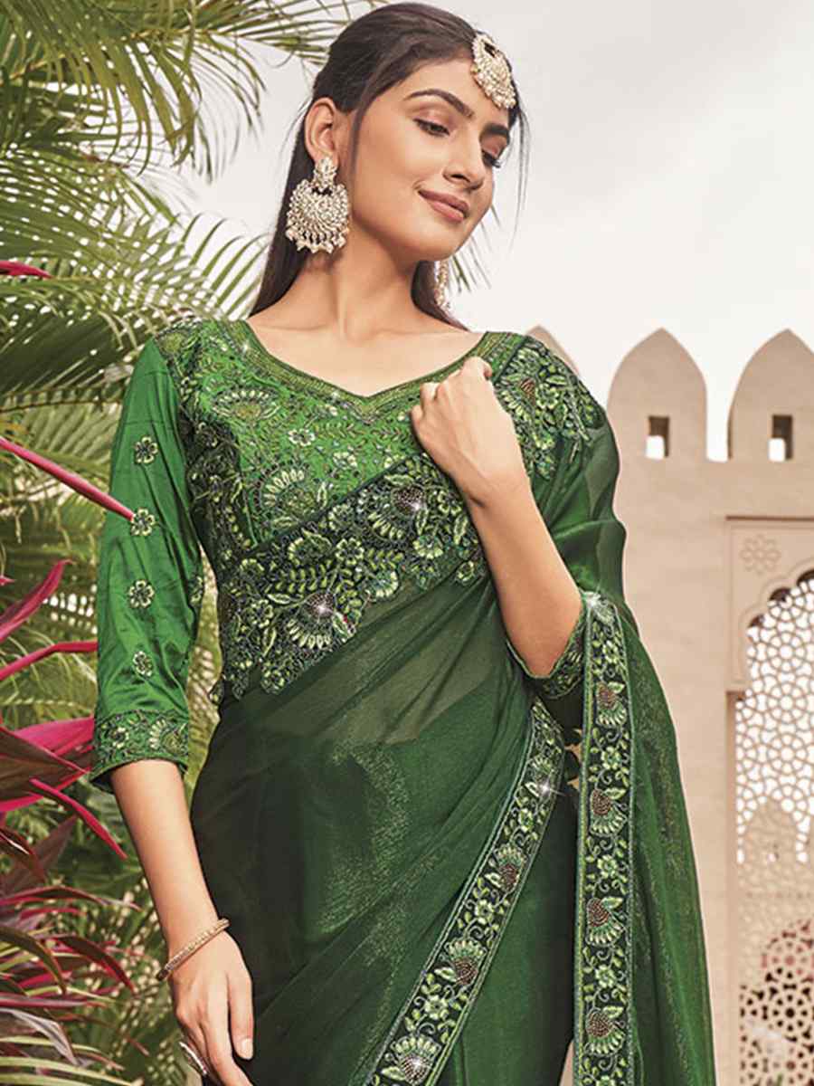 Green Shimmer Embroidery Party Reception Classic Style Saree